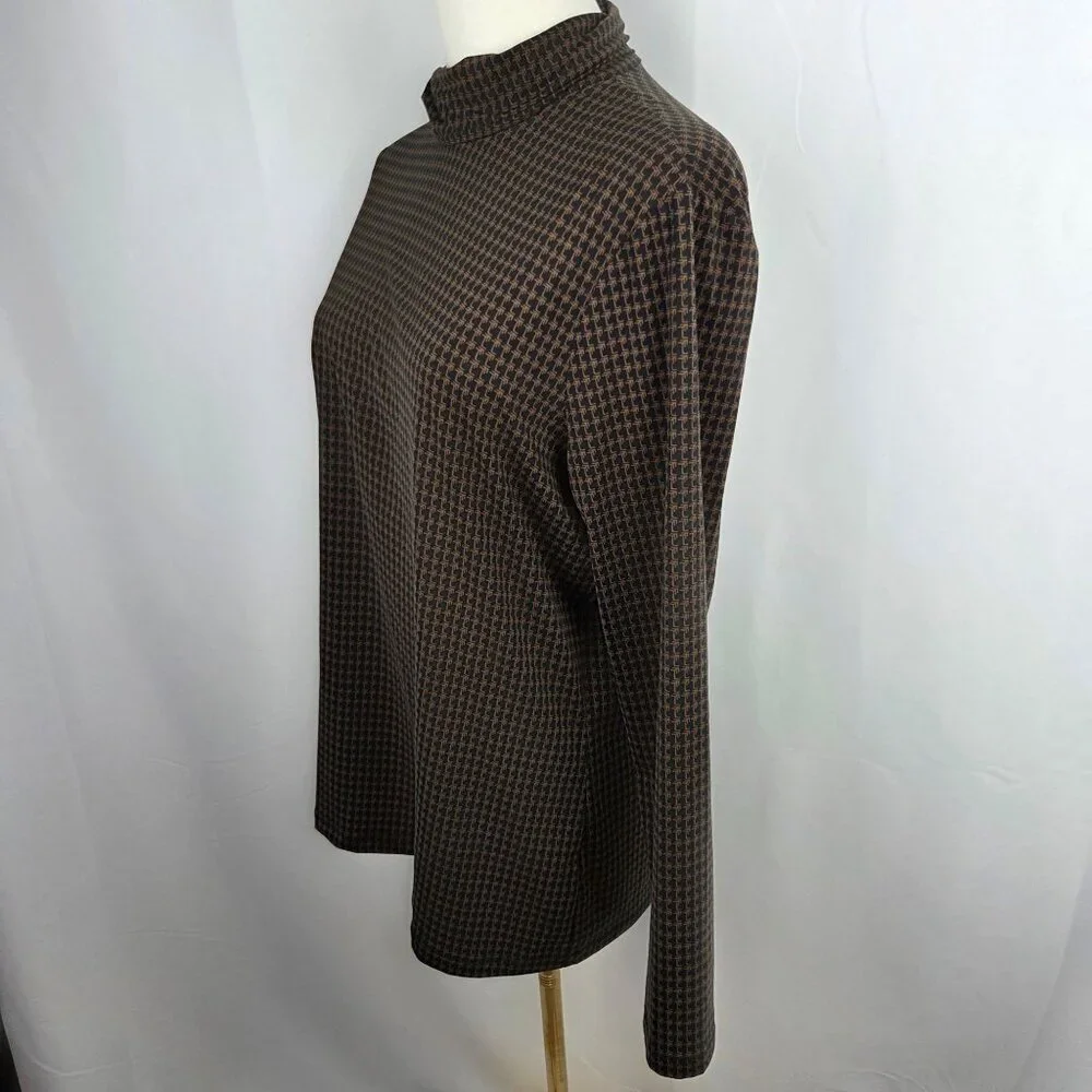 J.McLaughlin Top XL Houndstooth Brown Black Long Sleeve Mock Neck Academia - Picture 5 of 11